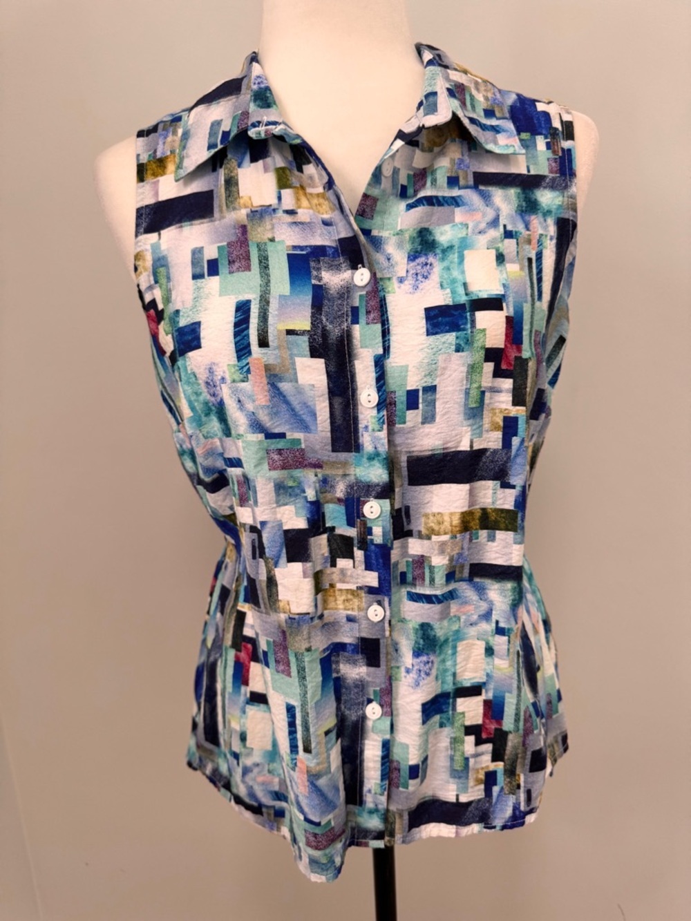 Sleeveless Button-Front Collared Top in Multicolor Blue Print Sz S - Picture 3 of 12